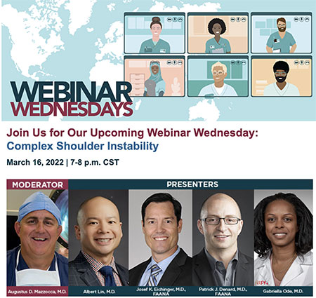 Dr. Eichinger delivered a lecture during a webinar for Arthroscopy Association of North America discussing complex shoulder instability with bone loss on the glenoid. Dr. Eichinger is an expert in shoulder instability including the management of failed instability surgery and glenoid bone loss. 